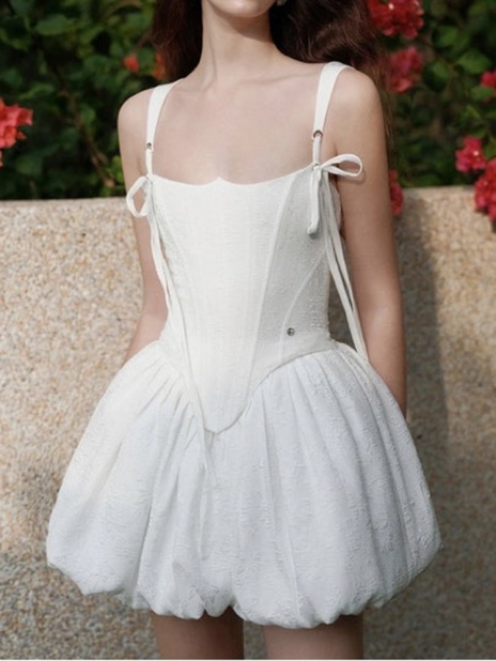 White Textured Tie-Shoulder Corset Mini Chemise